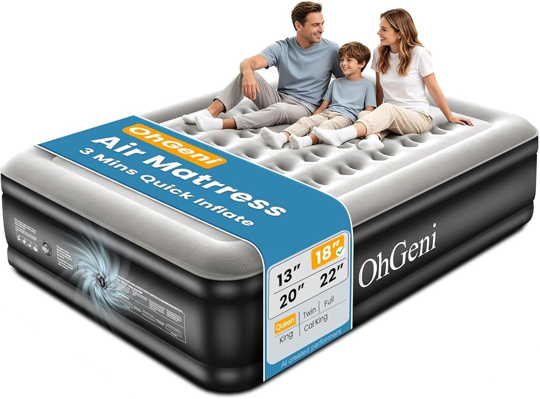 OhGeni Queen Air Mattress with Built-in Pump, 18-Inch Raised Blow Up B