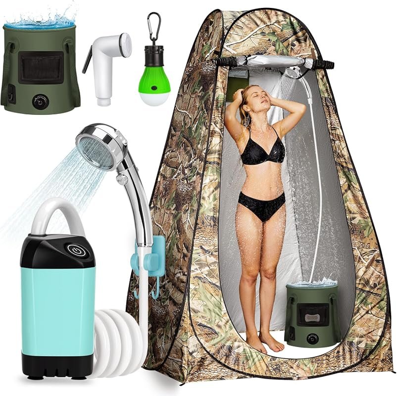Portable Camping Shower Kit with Pop Up Privacy Tent, Rechargeable LED