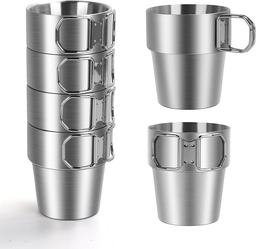 4-Pack Stainless Steel 10oz Camping Coffee Mugs, Double Wall Insulated