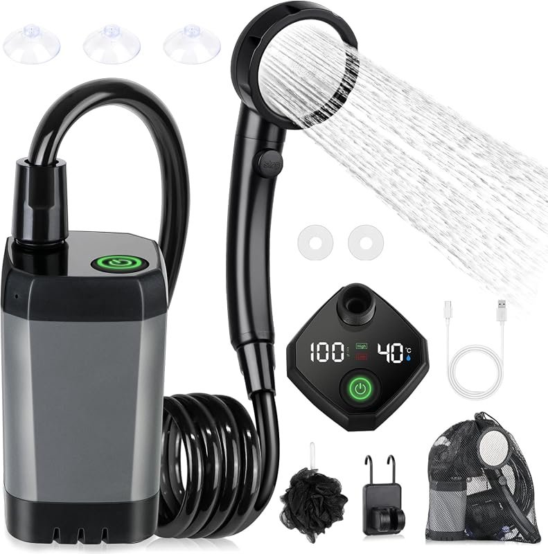 Long-Lasting 6000mAh Rechargeable Camping Shower, LED Display, 4 Spray