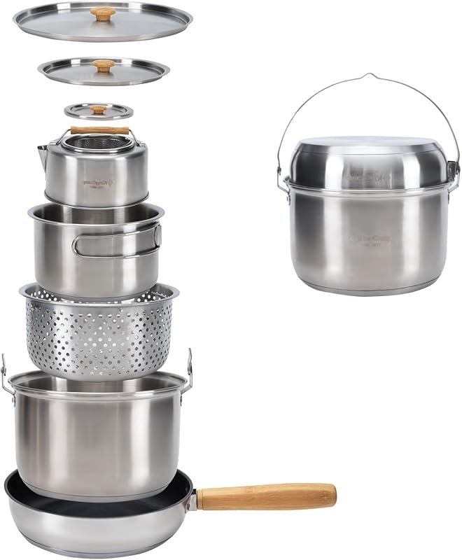 KingCamp 304 Stainless Steel Camping Cookware Set Large Pot for 4 to 6