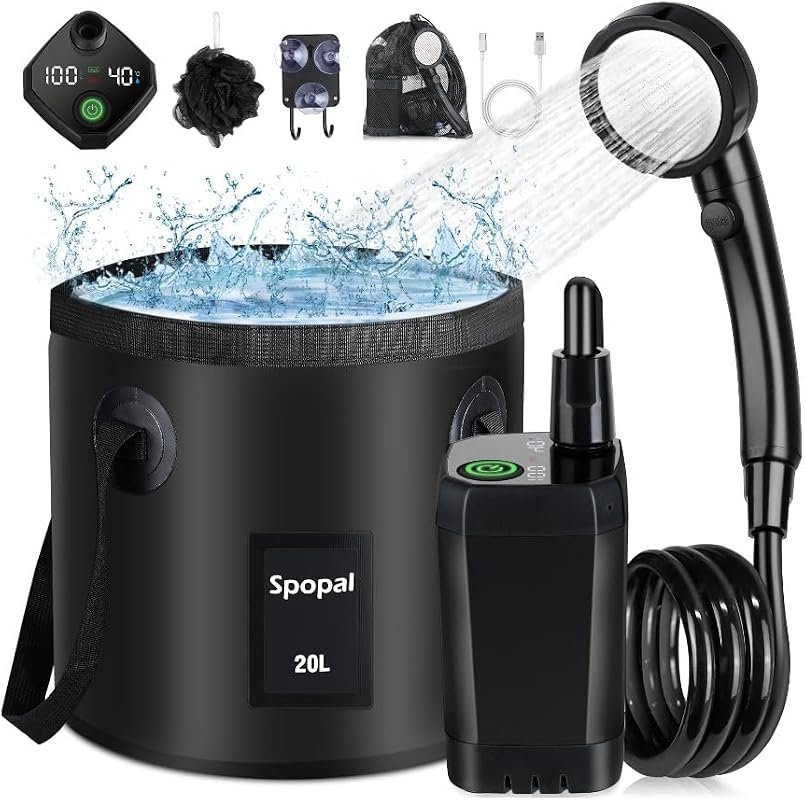 20L Collapsible Bucket Camping Shower, Rechargeable Pump with LED Disp