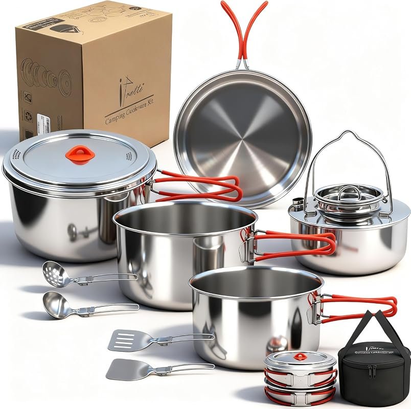 Foldable 11-Piece Stainless Steel Camping Cookware Set for Large Group