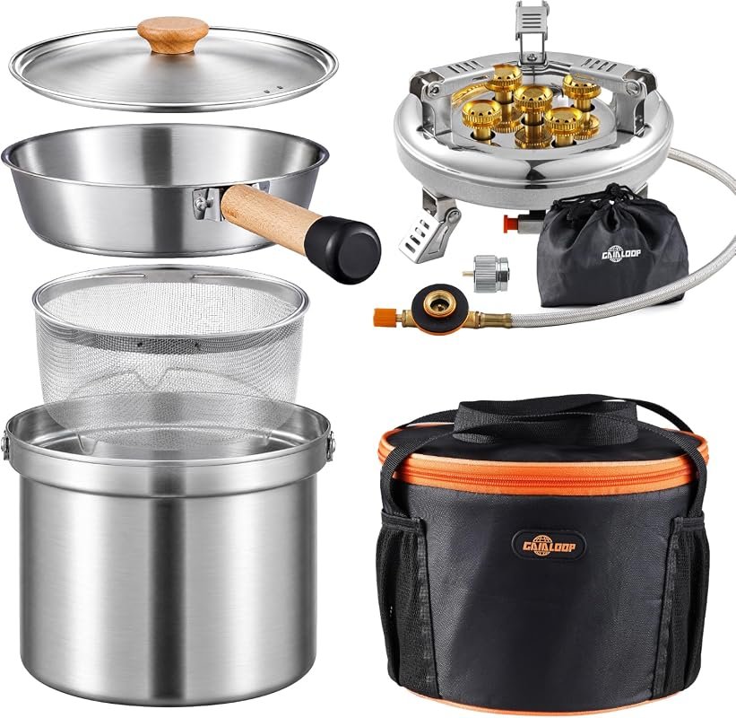 Portable Stainless Steel Camping Cookware Set with Stove and Pans for 