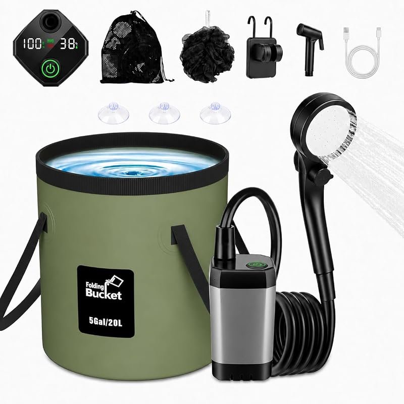 Portable Camping Shower, 6000mAh Rechargeable Pump with LED Display, 4
