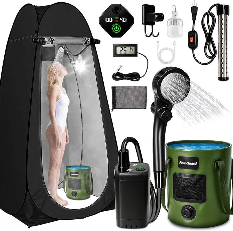 Portable Camping Shower with Heater, Pop Up Privacy Tent, LED Lights, 