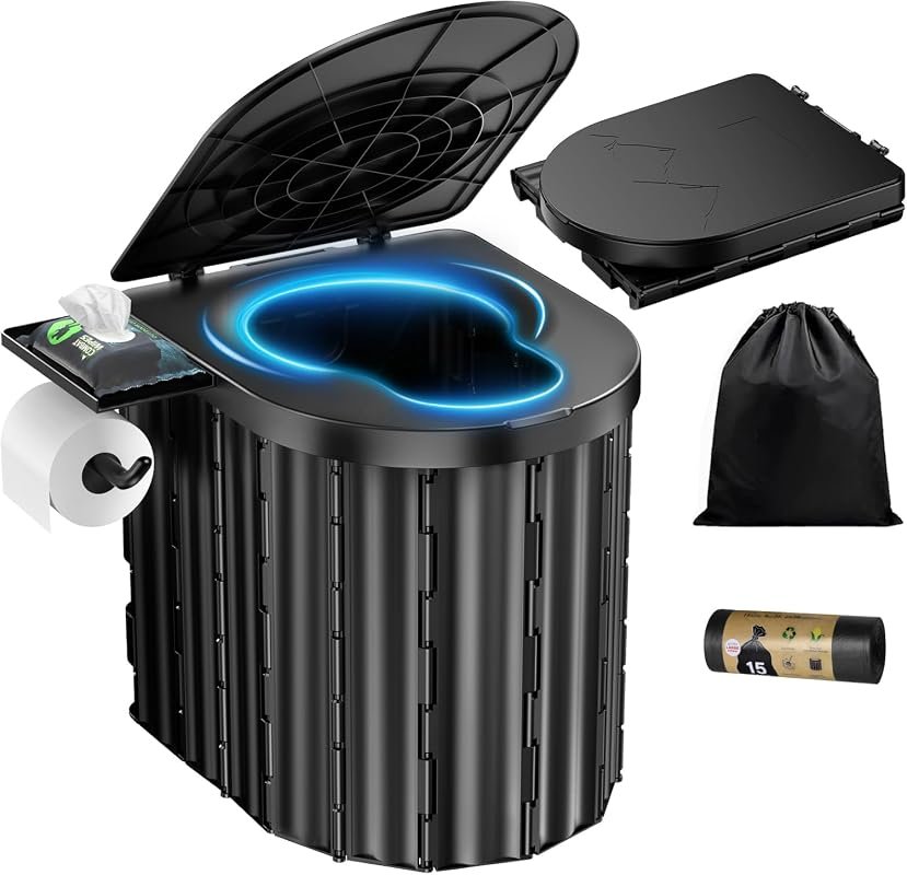 Upgraded 15-Inch Portable Camping Toilet with 450lb Load Capacity, Rem