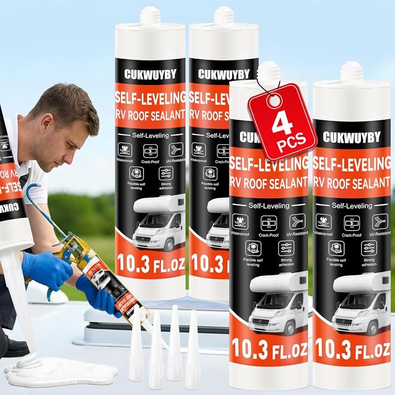 Self Leveling RV Roof Sealant 4 Pack, Fast Acting White Waterproof Cau